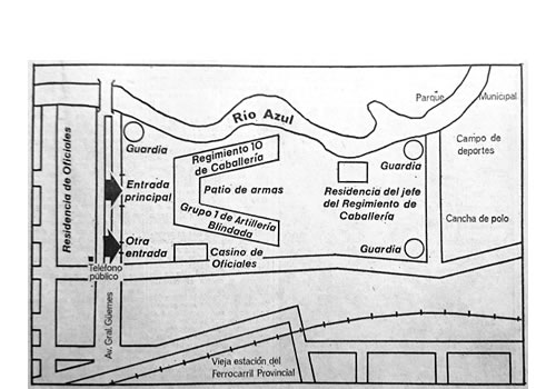 Plano del cuartel y sus accesos. Los camiones subversivos ingresaron por la entrada de la calle Escalada